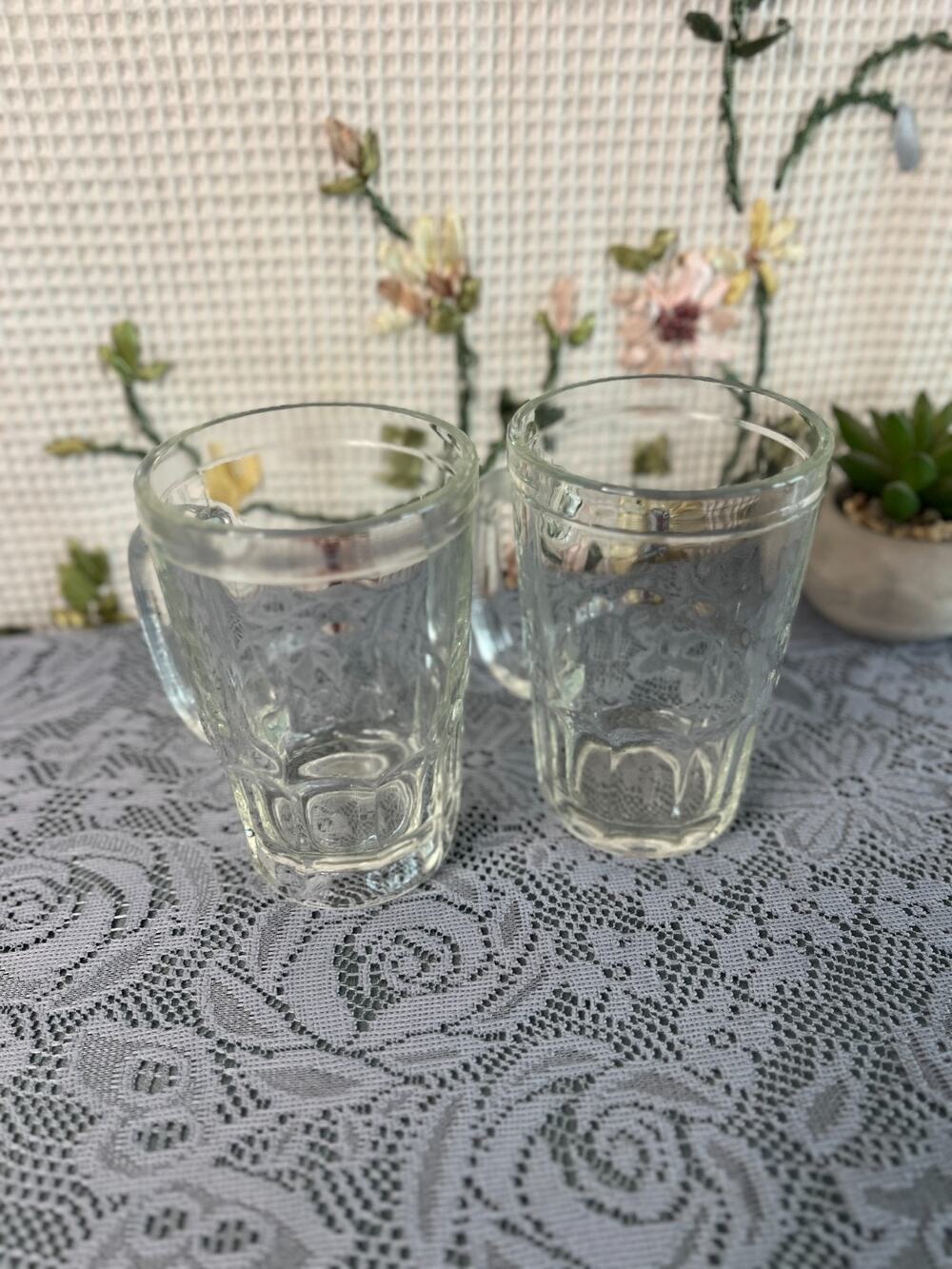 Vintage Mini Beer Mug Shot Glasses Pair Clear Pressed Glass Panel Handle 3.5"